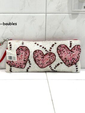 NWT Liz Claiborne Beaded Shimmer Red White Heart Wristlet/Make-Up Case